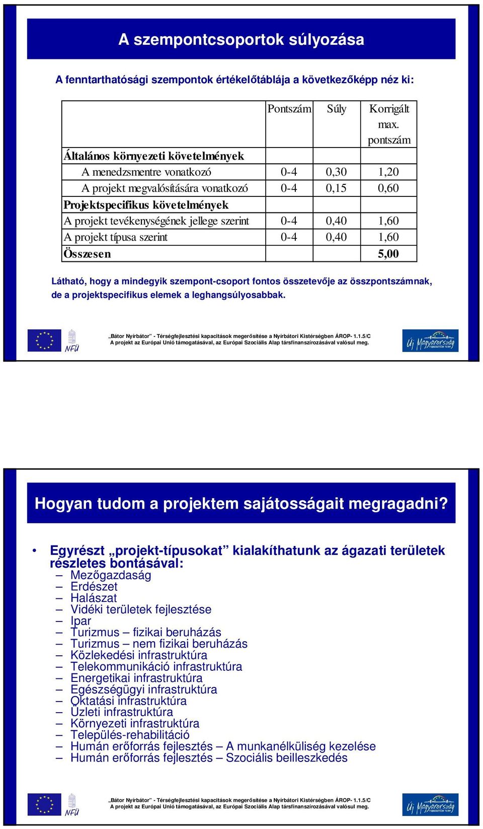 szerint 0-4 0,40 1,60 A projekt típusa szerint 0-4 0,40 1,60 Összesen 5,00 Látható, hogy a mindegyik szempont-csoport fontos összetevője az összpontszámnak, de a projektspecifikus elemek a
