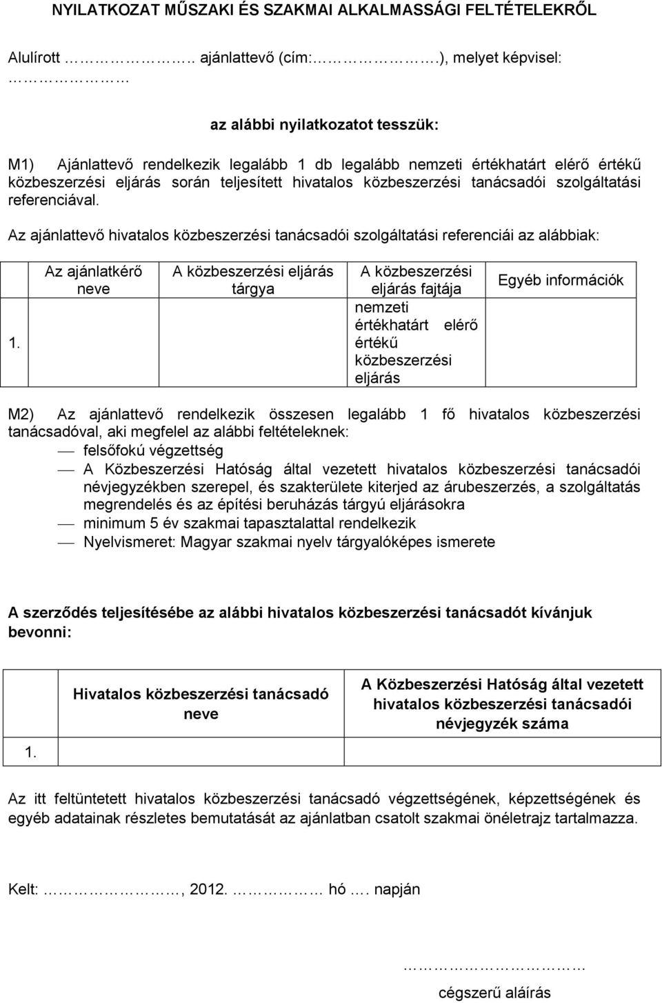 közbeszerzési tanácsadói szolgáltatási referenciával. Az ajánlattevő hivatalos közbeszerzési tanácsadói szolgáltatási referenciái az alábbiak: 1.