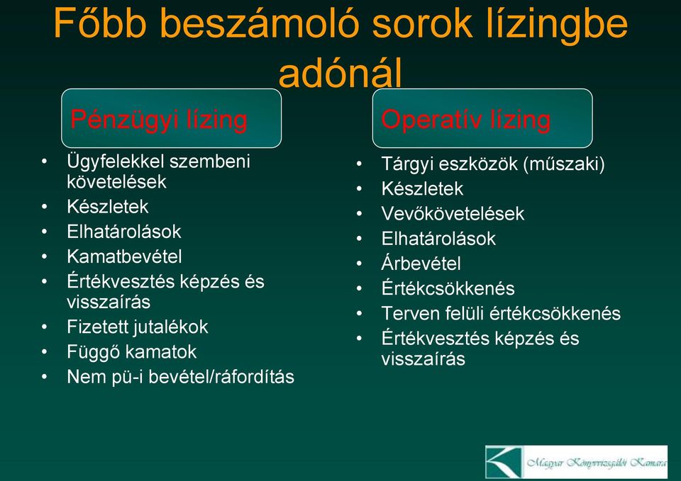 Nem pü-i bevétel/ráfordítás Operatív lízing Tárgyi eszközök (műszaki) Készletek Vevőkövetelések