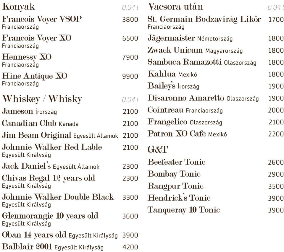 Walker Double Black 3300 Egyesült Királyság Glenmorangie 10 years old 3600 Egyesült Királyság Oban 14 years old Egyesült Királyság 3900 Balblair 2001 Egyesült Királyság 4200 Vacsora után St.