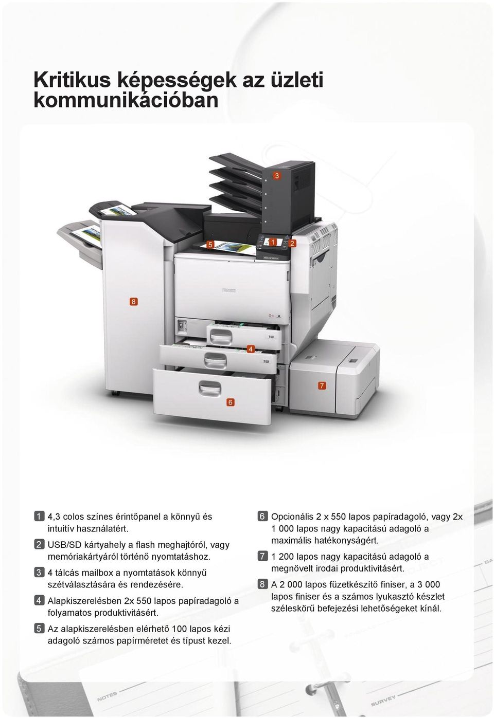 4 Alapkiszerelésben 2x 550 lapos papíradagoló a folyamatos produktivitásért. 5 Az alapkiszerelésben elérhető 100 lapos kézi adagoló számos papírméretet és típust kezel.