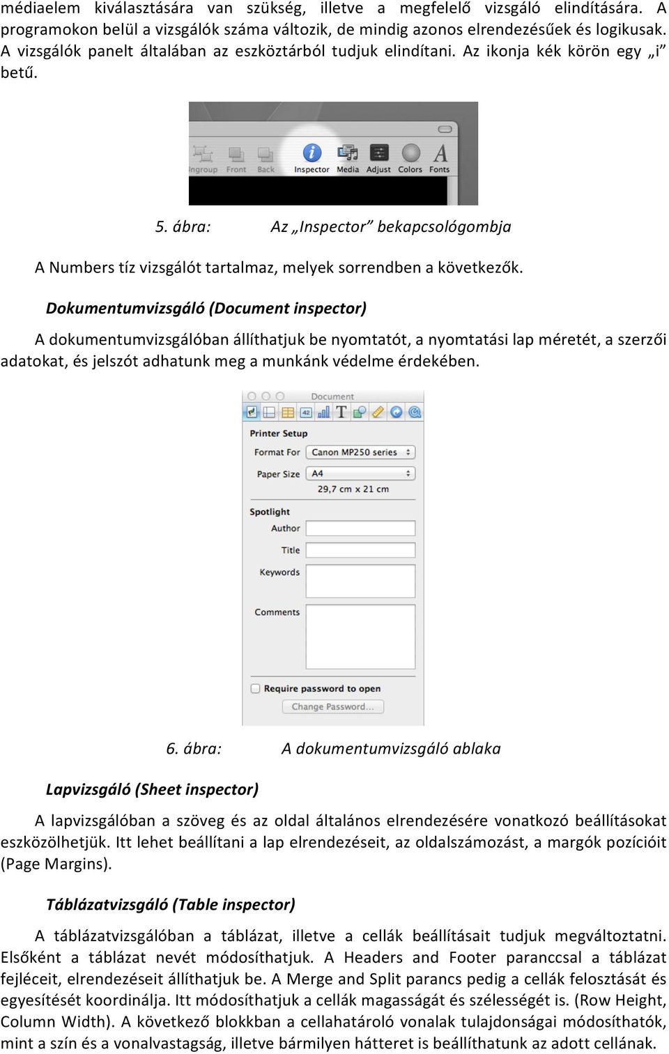 ábra: Az Inspector bekapcsológombja A Numbers tíz vizsgálót tartalmaz, melyek sorrendben a következők.