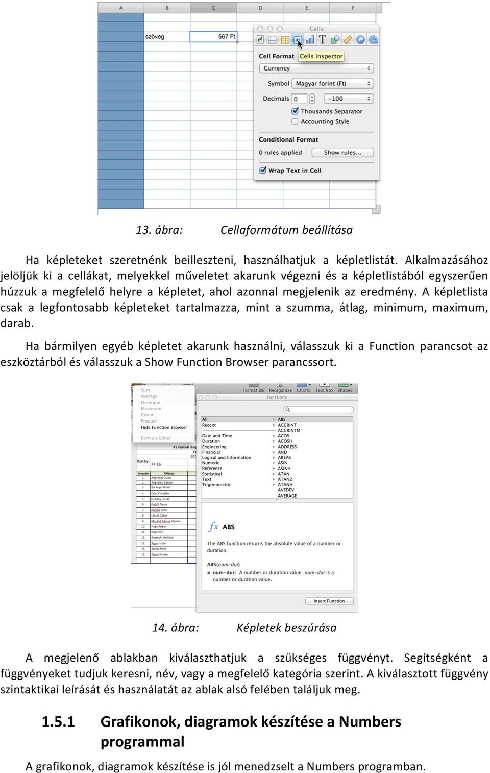A képletlista csak a legfontosabb képleteket tartalmazza, mint a szumma, átlag, minimum, maximum, darab.
