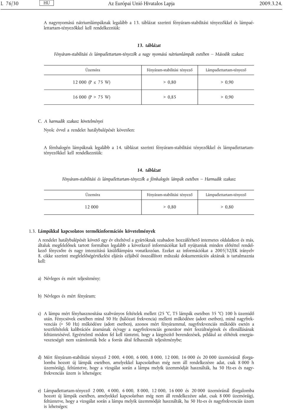 táblázat Fényáram-stabilitási és lámpaélettartam-tényezők a nagy nyomású nátriumlámpák esetében Második szakasz Üzemóra Fényáram-stabilitási tényező Lámpaélettartam-tényező 12 000 (P 75 W) > 0,80 >