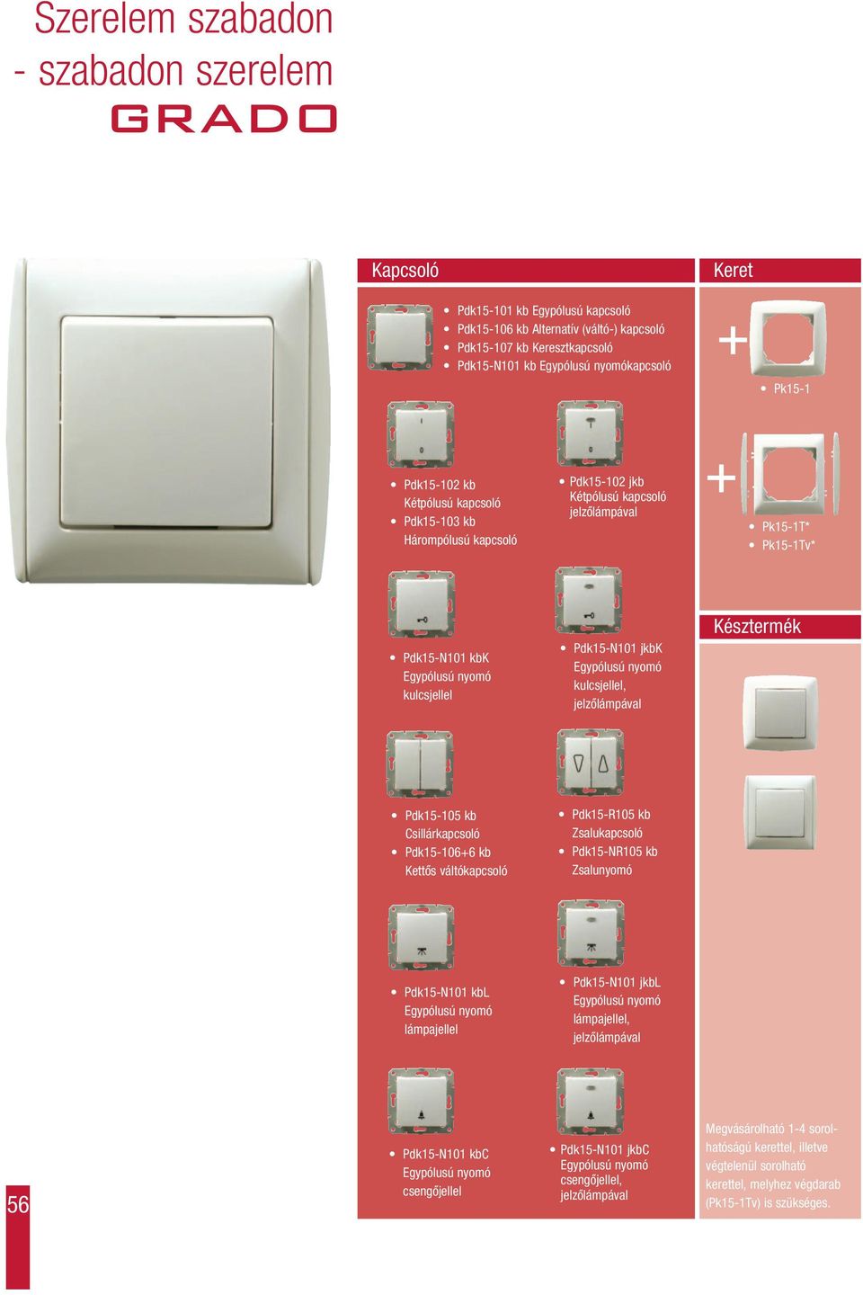 Csillárkapcsoló Pdk15-106+6 kb Kettôs váltókapcsoló Pdk15-R105 kb Zsalukapcsoló Pdk15-NR105 kb Zsalunyomó Pdk15-N101 kbl lámpajellel Pdk15-N101 jkbl lámpajellel, jelzôlámpával 56