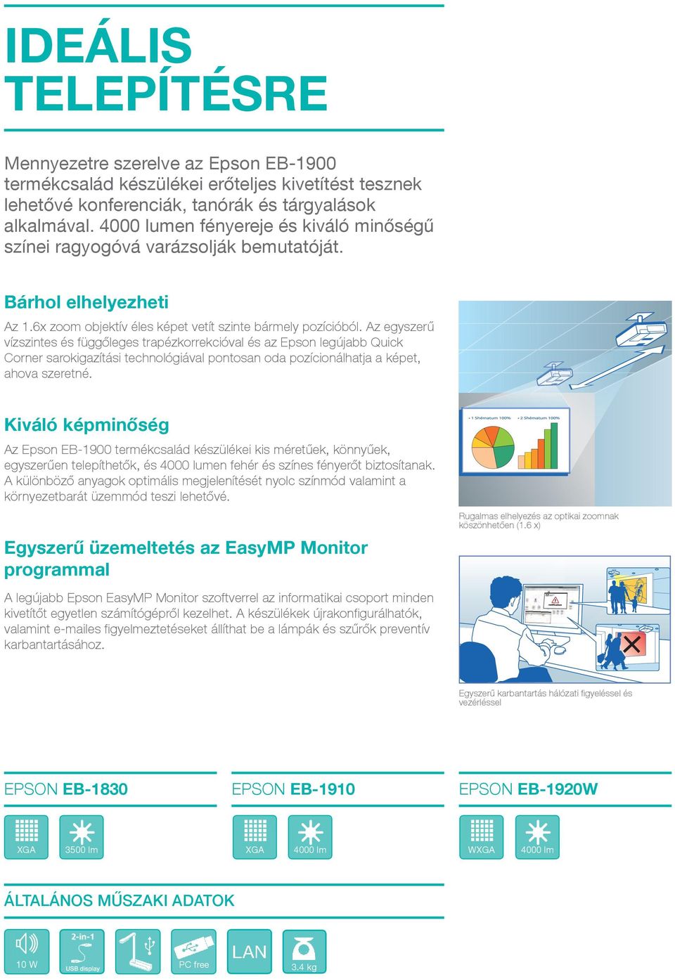 Az egyszerű vízszintes és függőleges trapézkorrekcióval és az Epson legújabb Quick Corner sarokigazítási technológiával pontosan oda pozícionálhatja a képet, ahova szeretné.