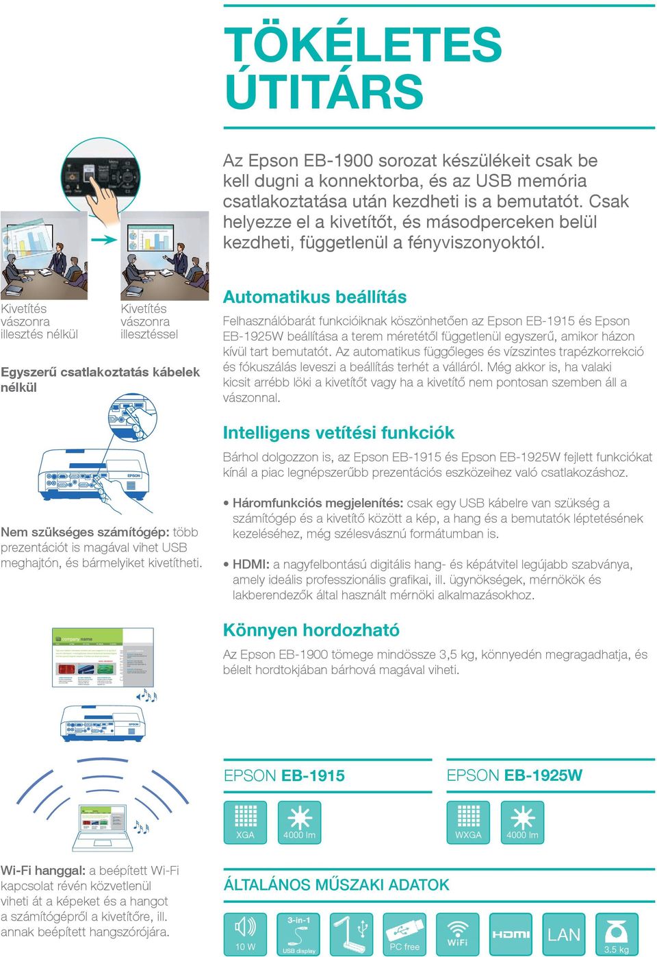 Kivetítés vászonra illesztés nélkül Kivetítés vászonra illesztéssel Egyszerű csatlakoztatás kábelek nélkül Automatikus beállítás Felhasználóbarát funkcióiknak köszönhetően az Epson EB-1915 és Epson