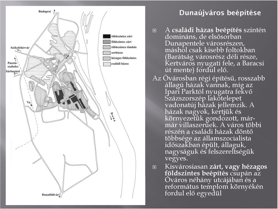 Az Óvárosban régi építésű, rosszabb állagú házak vannak, míg az Ipari Parktól nyugatra fekvő Százszorszép lakótelepet vadonatúj házak jellemzik.