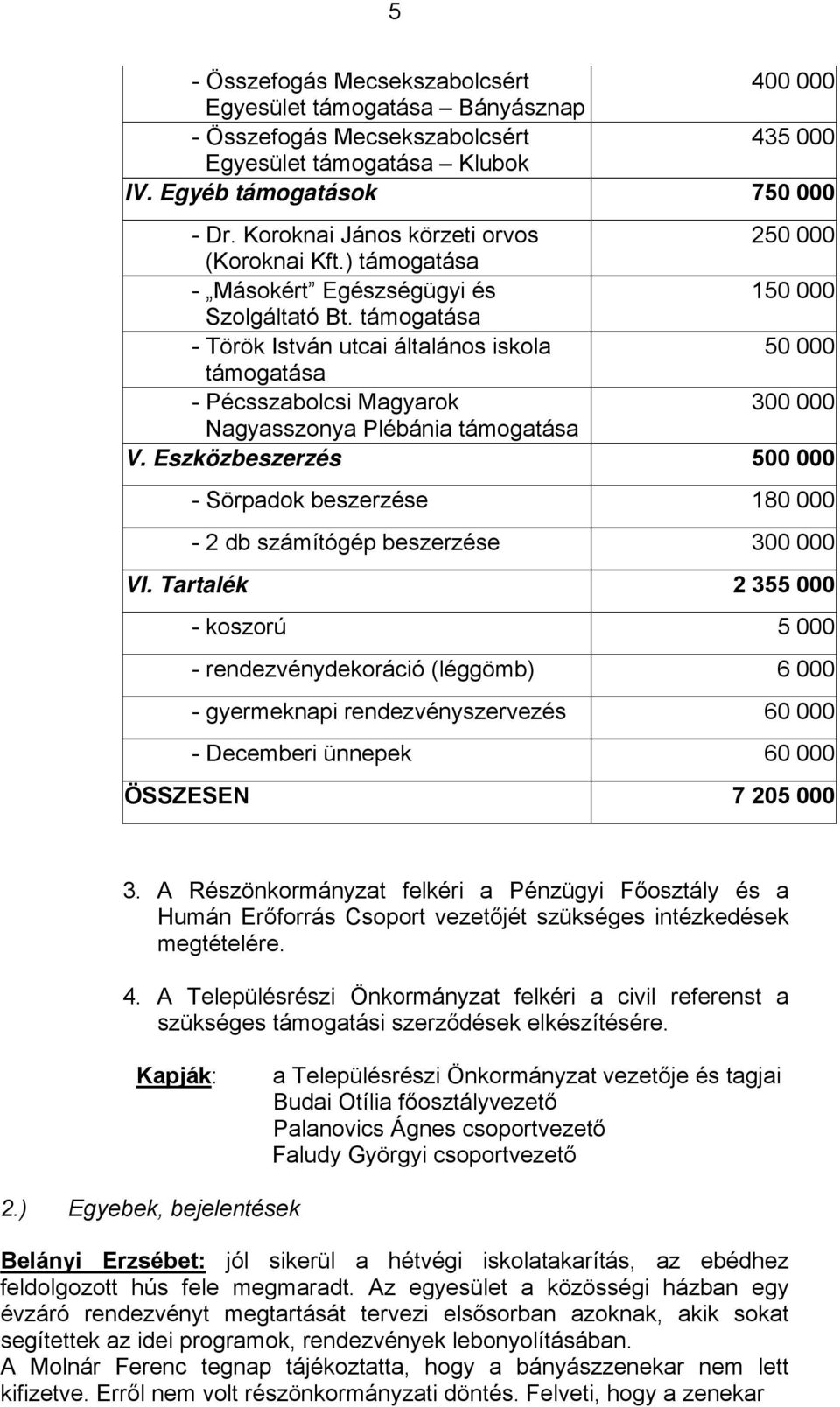 támogatása - Török István utcai általános iskola 50 000 támogatása - Pécsszabolcsi Magyarok 300 000 Nagyasszonya Plébánia támogatása V.