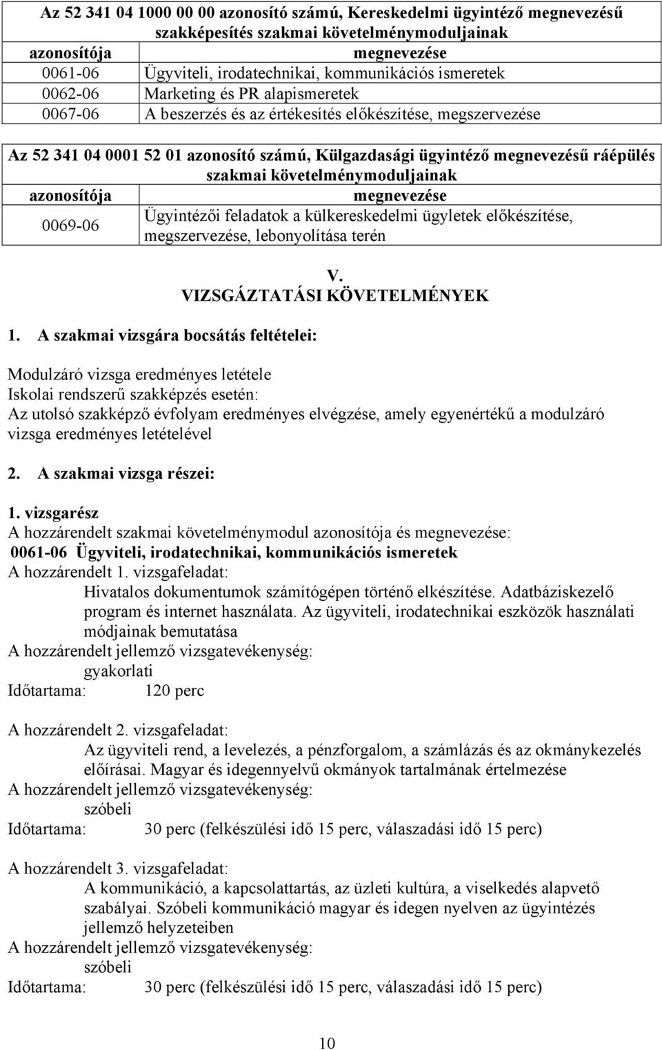 szakmai követelménymoduljainak azonosítója megnevezése Ügyintézői feladatok a külkereskedelmi ügyletek előkészítése, 0069-06 megszervezése, lebonyolítása terén 1.