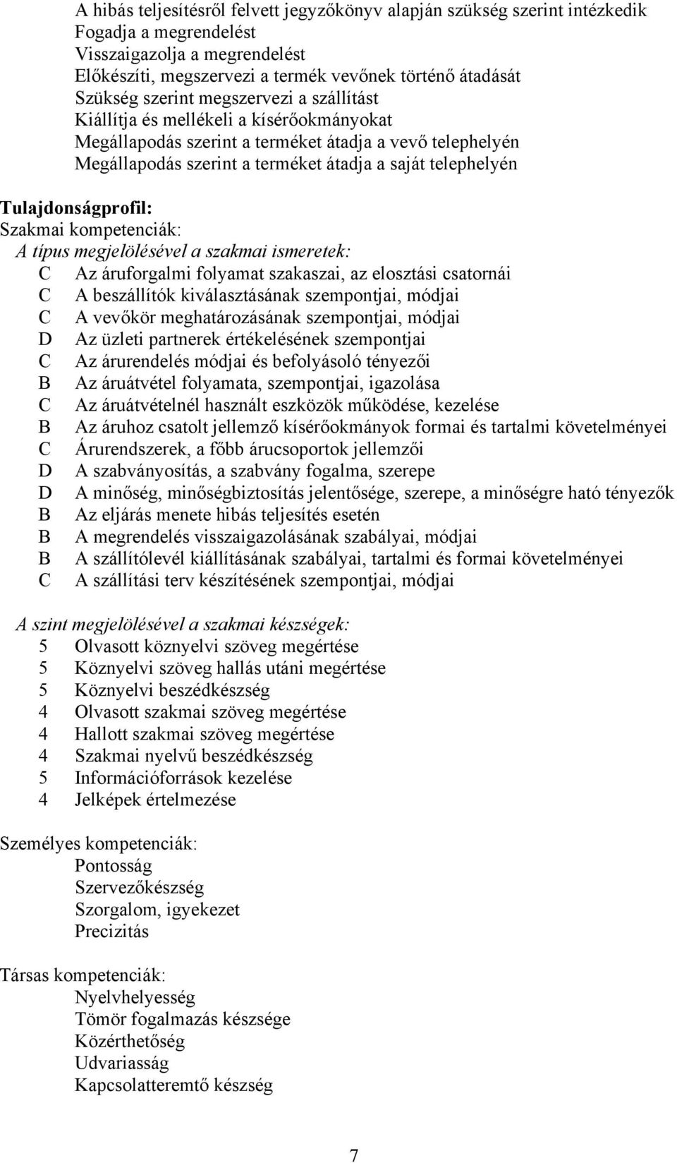 Tulajdonságprofil: Szakmai kompetenciák: A típus megjelölésével a szakmai ismeretek: C Az áruforgalmi folyamat szakaszai, az elosztási csatornái C A beszállítók kiválasztásának szempontjai, módjai C