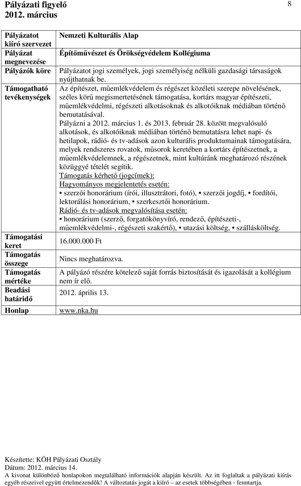 médiában történő bemutatásával. Pályázni a 1. és 2013. február 28.