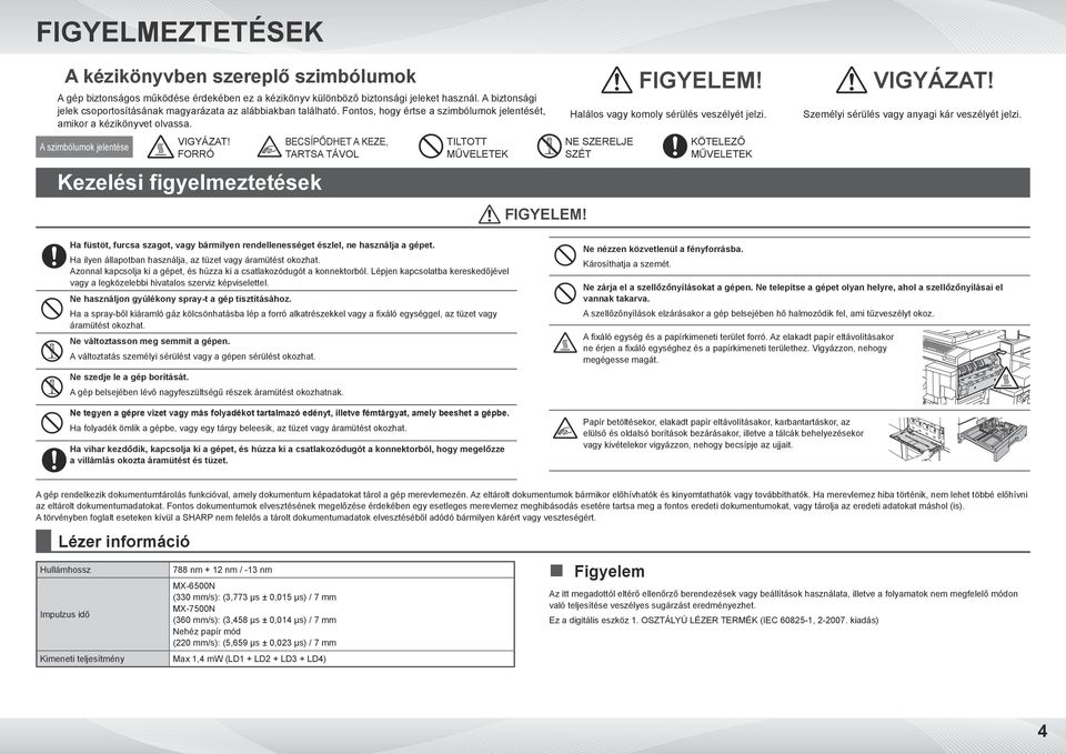 FORRÓ Kezelési figyelmeztetések BECSÍPŐDHET A KEZE, TARTSA TÁVOL TILTOTT MŰVELETEK FIGYELEM! FIGYELEM! VIGYÁZAT! Halálos vagy komoly sérülés veszélyét jelzi.