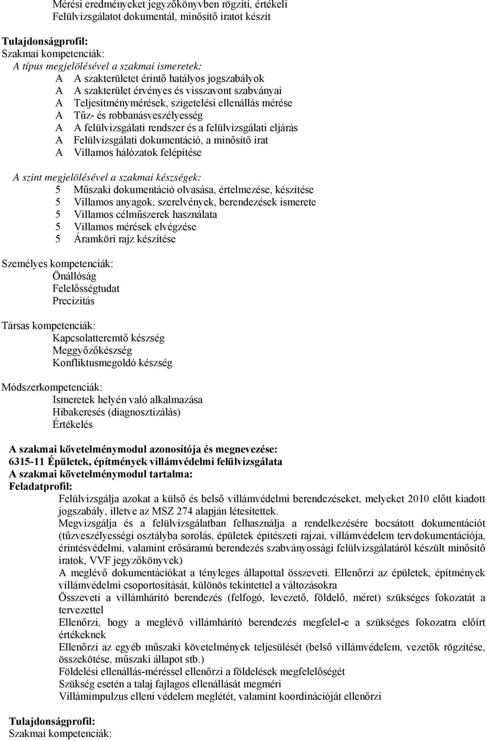 rendszer és a felülvizsgálati eljárás A Felülvizsgálati dokumentáció, a minősítő irat A Villamos hálózatok felépítése A szint megjelölésével a szakmai készségek: 5 Műszaki dokumentáció olvasása,