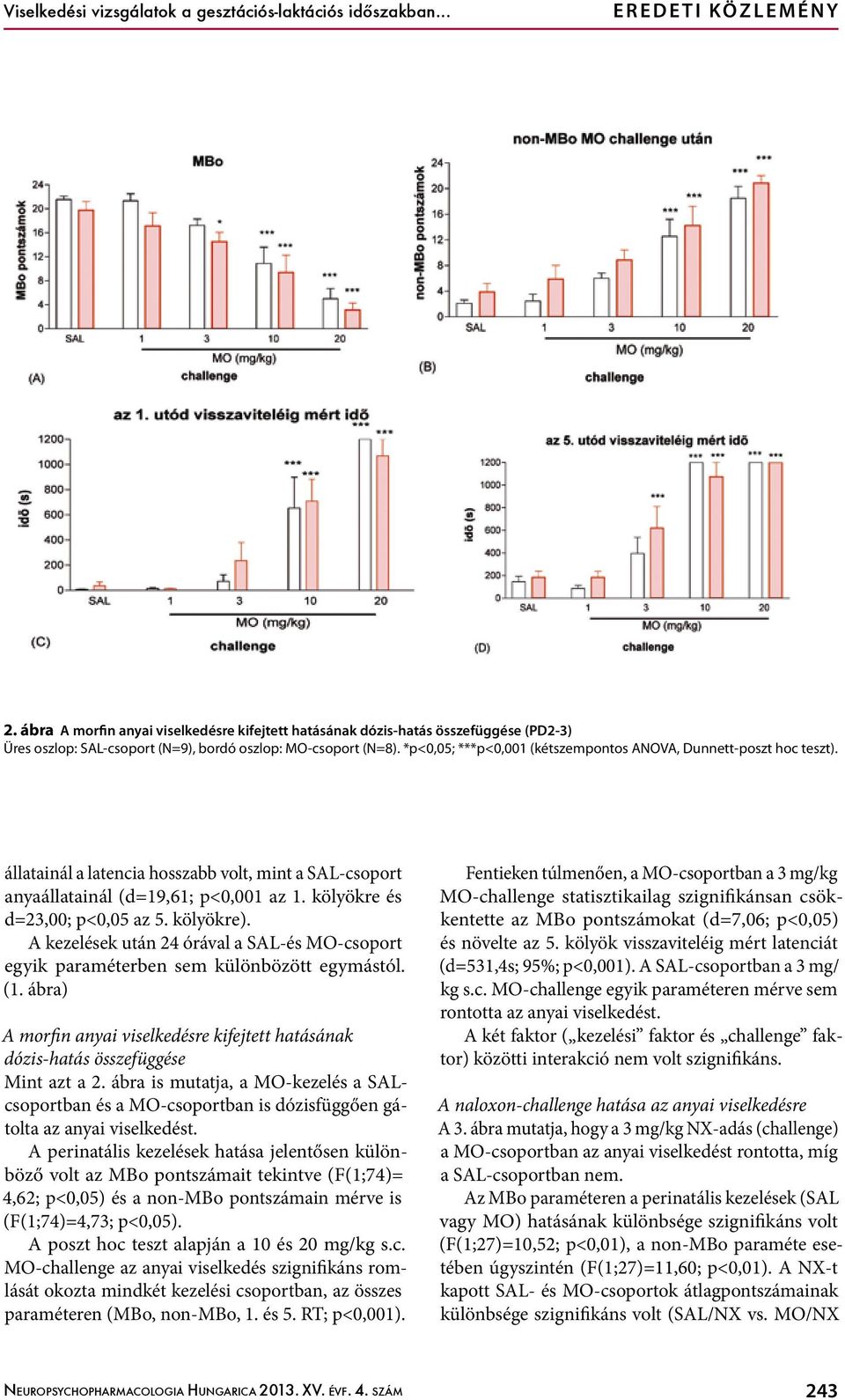 *p<0,05; ***p<0,001 (kétszempontos ANOVA, Dunnett-poszt hoc teszt). állatainál a latencia hosszabb volt, mint a SAL-csoport anyaállatainál (d=19,61; p<0,001 az 1. kölyökre és d=23,00; p<0,05 az 5.