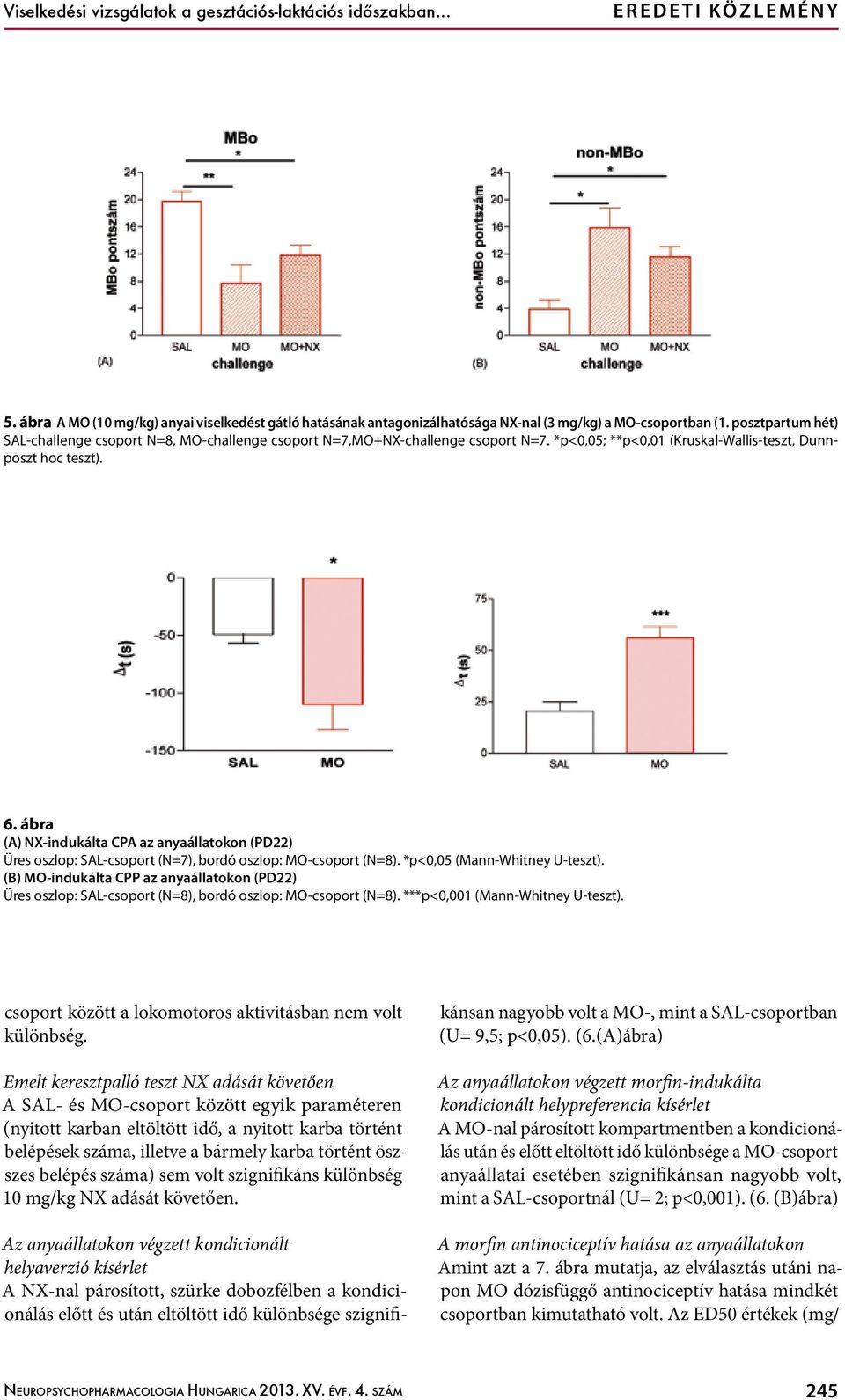 posztpartum hét) SAL-challenge csoport N=8, MO-challenge csoport N=7,MO+NX-challenge csoport N=7. *p<0,05; **p<0,01 (Kruskal-Wallis-teszt, Dunnposzt hoc teszt). 6.
