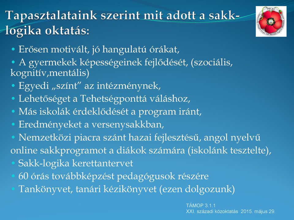 versenysakkban, Nemzetközi piacra szánt hazai fejlesztésű, angol nyelvű online sakkprogramot a diákok számára (iskolánk