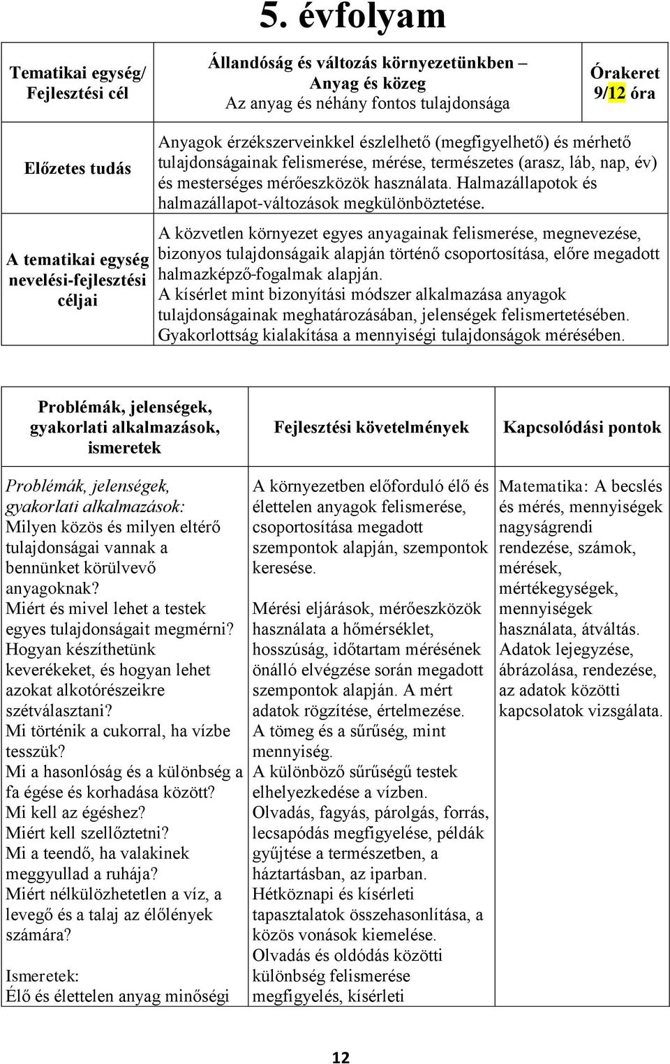 érzékszerveinkkel észlelhető (megfigyelhető) és mérhető tulajdonságainak felismerése, mérése, természetes (arasz, láb, nap, év) és mesterséges mérőeszközök használata.