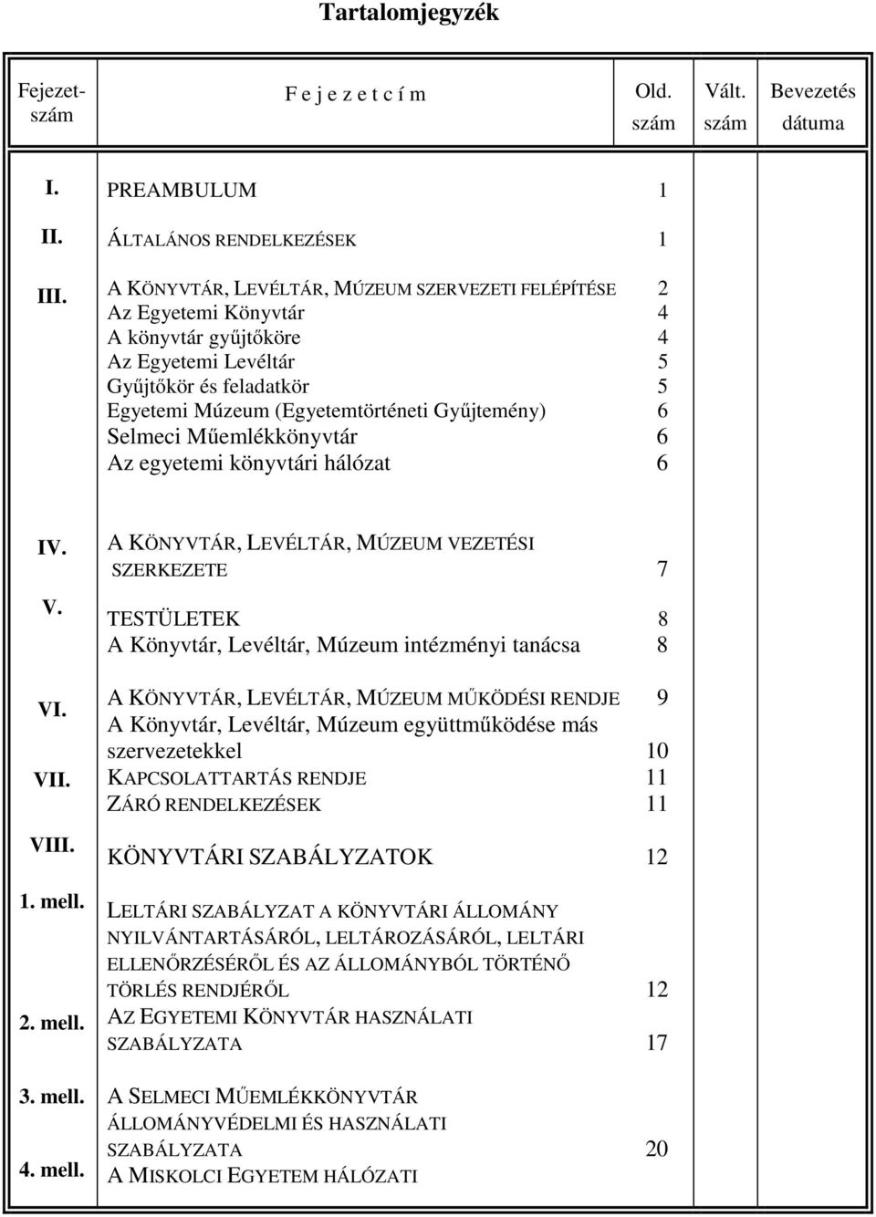 Múzeum (Egyetemtörténeti Gyűjtemény) 6 Selmeci Műemlékkönyvtár 6 Az egyetemi könyvtári hálózat 6 IV. V. VI. VII. VIII. 1. mell.