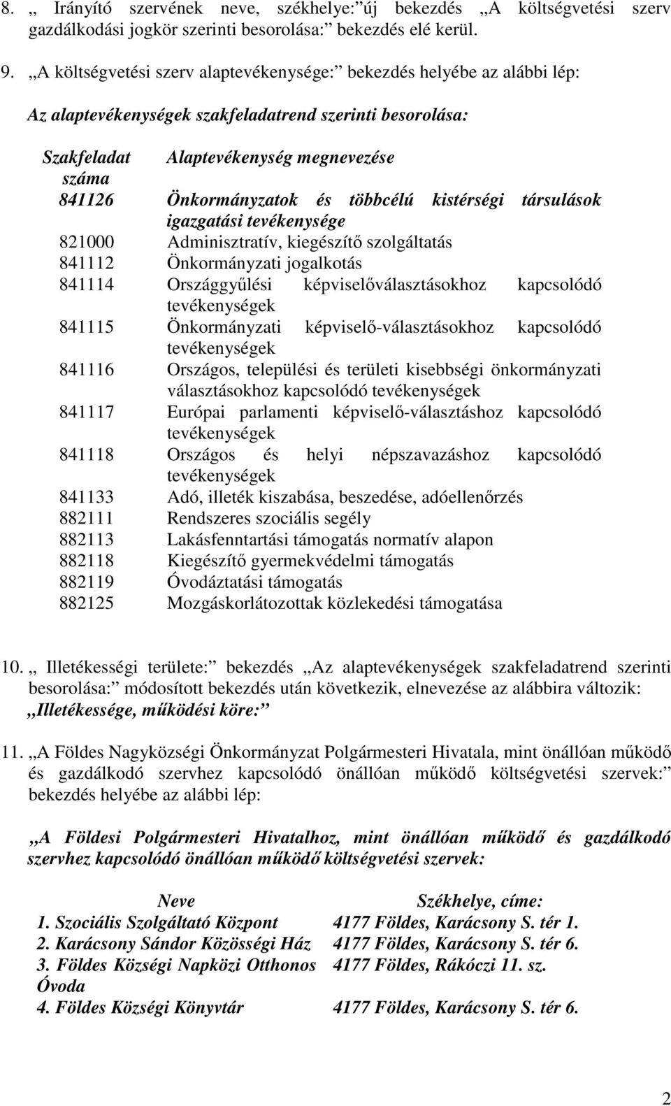 és többcélú kistérségi társulások igazgatási tevékenysége 821000 Adminisztratív, kiegészítő szolgáltatás 841112 Önkormányzati jogalkotás 841114 Országgyűlési képviselőválasztásokhoz kapcsolódó