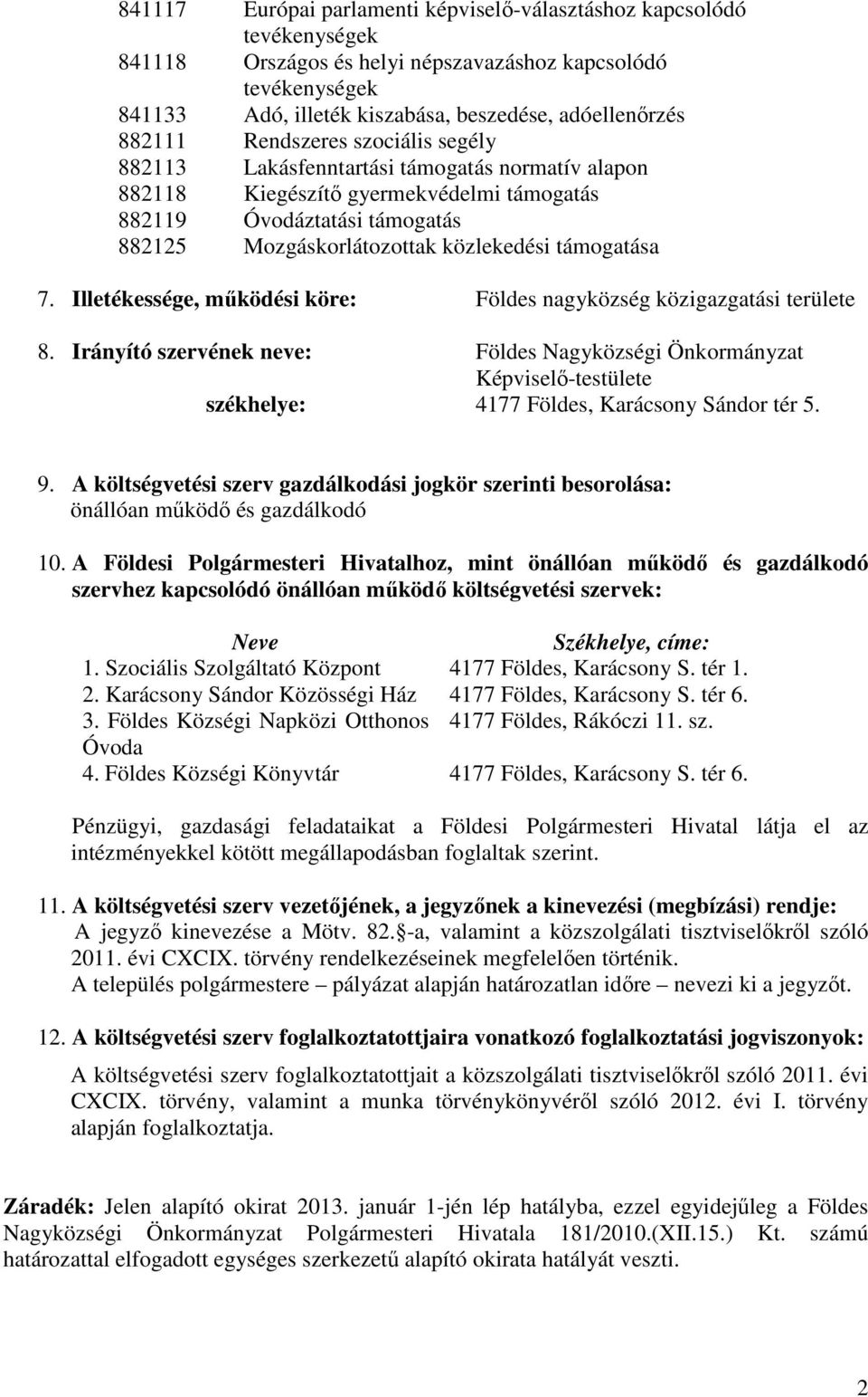 támogatása 7. Illetékessége, működési köre: Földes nagyközség közigazgatási területe 8.