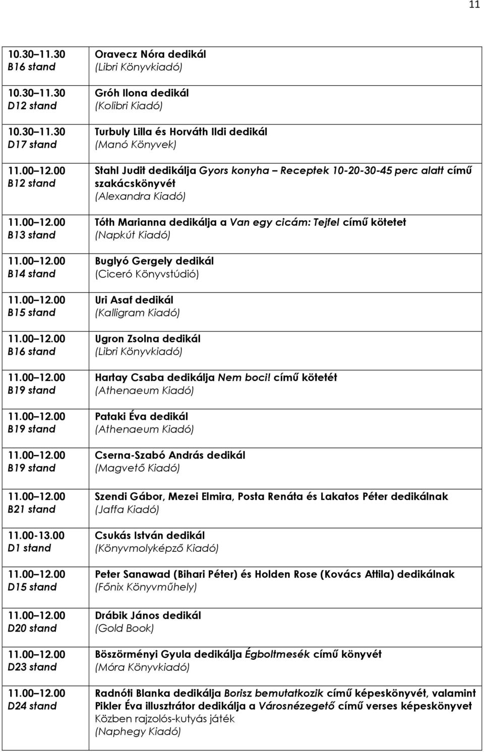 szakácskönyvét (Alexandra Kiadó) Tóth Marianna dedikálja a Van egy cicám: Tejfel címő kötetet Buglyó Gergely dedikál (Ciceró Könyvstúdió) Uri Asaf dedikál Ugron Zsolna dedikál Hartay Csaba dedikálja