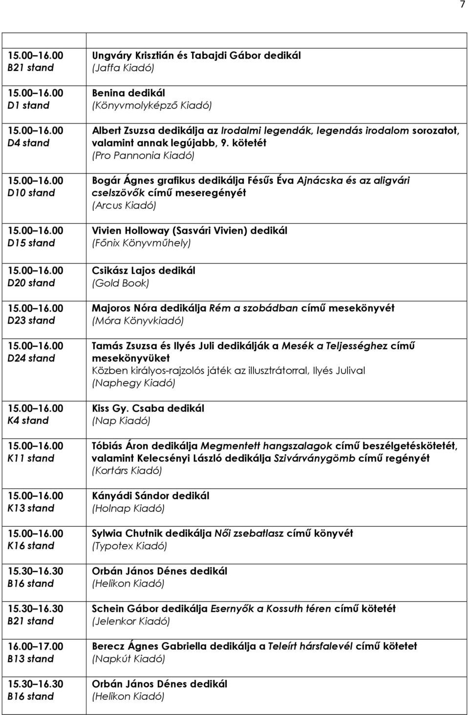 kötetét (Pro Pannonia Kiadó) Bogár Ágnes grafikus dedikálja Fésős Éva Ajnácska és az aligvári cselszövık címő meseregényét (Arcus Kiadó) Vivien Holloway (Sasvári Vivien) dedikál (Fınix Könyvmőhely)