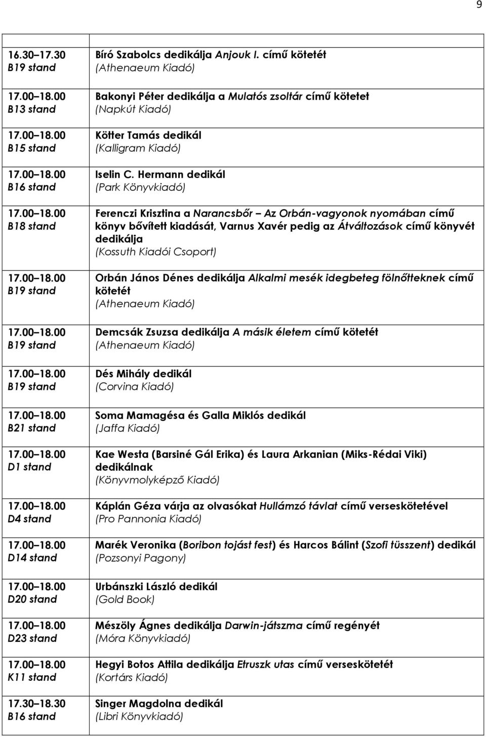 dedikálja Alkalmi mesék idegbeteg fölnıtteknek címő kötetét Demcsák Zsuzsa dedikálja A másik életem címő kötetét Dés Mihály dedikál (Corvina Kiadó) Soma Mamagésa és Galla Miklós dedikál Kae Westa