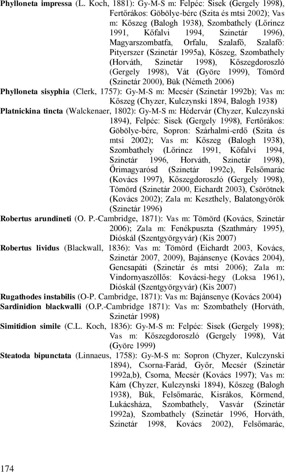 Magyarszombatfa, Orfalu, Szalafő, Szalafő: Pityerszer (Szinetár 1995a), Kőszeg, Szombathely (Horváth, Szinetár 1998), Kőszegdoroszló (Gergely 1998), Vát (Györe 1999), Tömörd (Szinetár 2000), Bük
