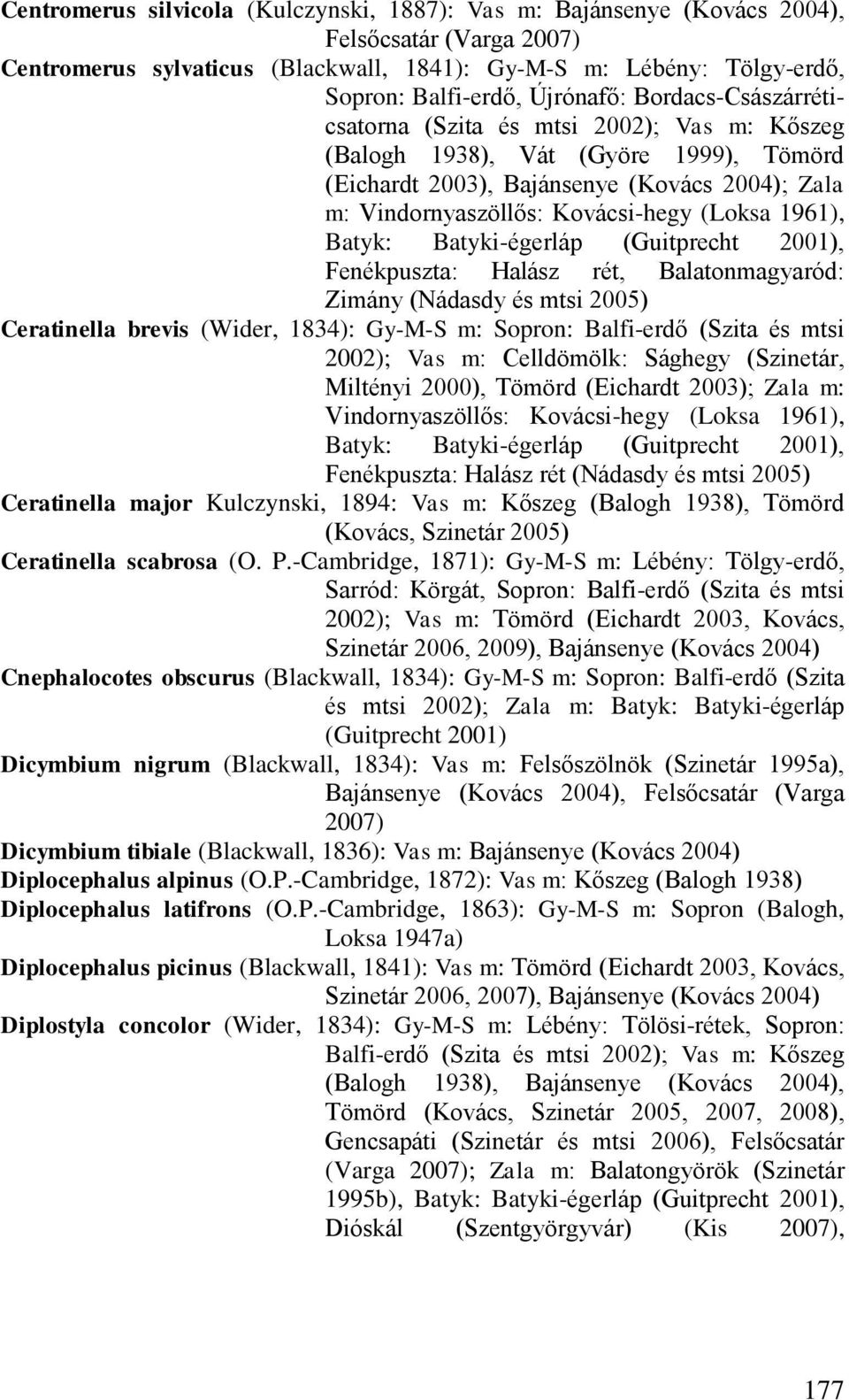 (Loksa 1961), Batyk: Batyki-égerláp (Guitprecht 2001), Fenékpuszta: Halász rét, Balatonmagyaród: Zimány (Nádasdy és mtsi 2005) Ceratinella brevis (Wider, 1834): Gy-M-S m: Sopron: Balfi-erdő (Szita és