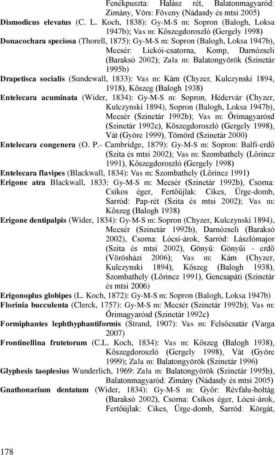 Darnózseli (Baraksó 2002); Zala m: Balatongyörök (Szinetár 1995b) Drapetisca socialis (Sundewall, 1833): Vas m: Kám (Chyzer, Kulczynski 1894, 1918), Kőszeg (Balogh 1938) Entelecara acuminata (Wider,