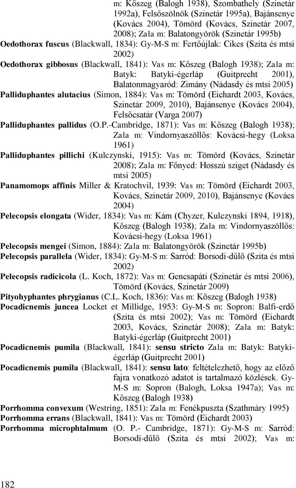 Balatonmagyaród: Zimány (Nádasdy és mtsi 2005) Palliduphantes alutacius (Simon, 1884): Vas m: Tömörd (Eichardt 2003, Kovács, Szinetár 2009, 2010), Bajánsenye (Kovács 2004), Felsőcsatár (Varga 2007)