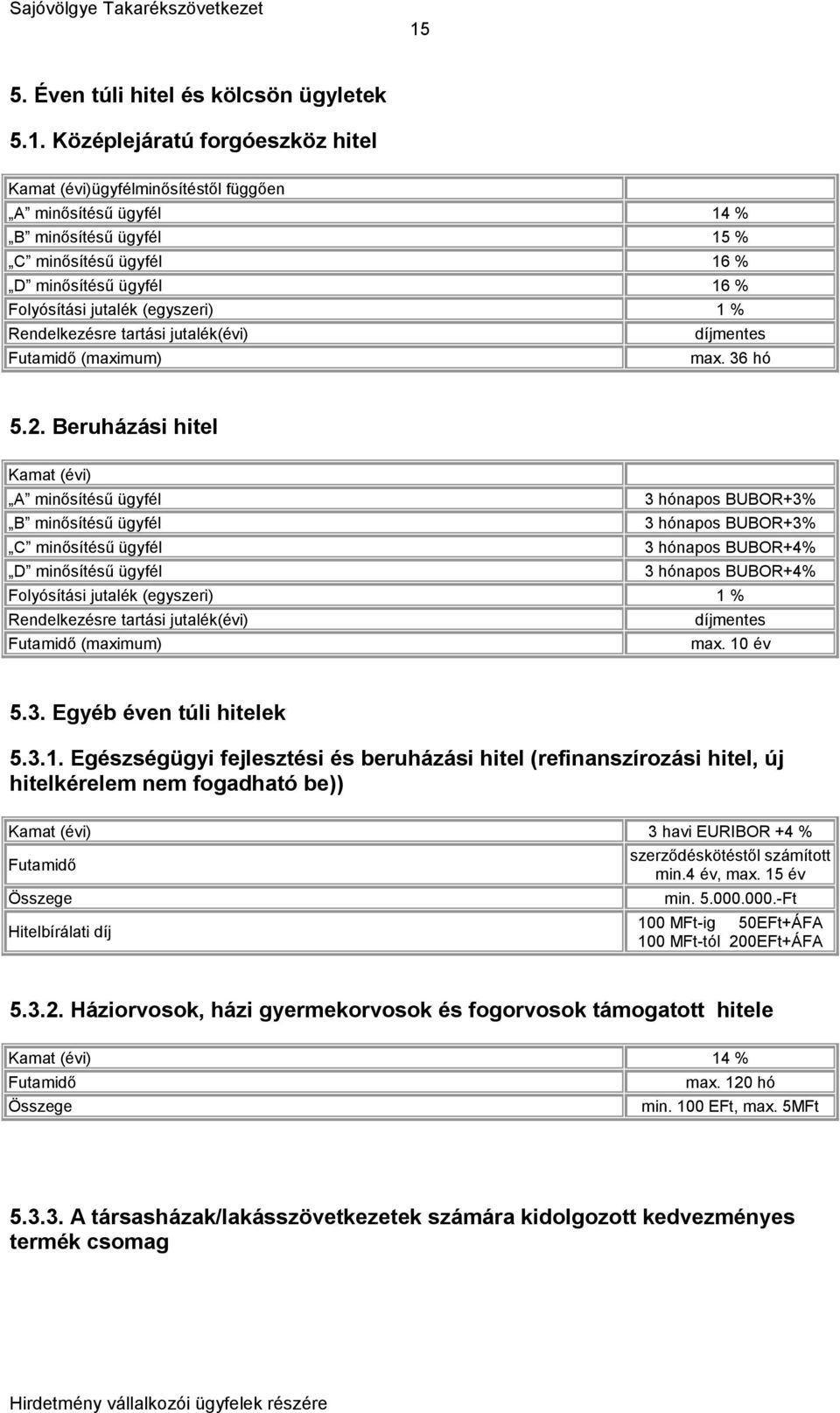 Beruházási hitel Kamat (évi) A minősítésű ügyfél 3 hónapos BUBOR+3% B minősítésű ügyfél 3 hónapos BUBOR+3% C minősítésű ügyfél 3 hónapos BUBOR+4% D minősítésű ügyfél 3 hónapos BUBOR+4% Folyósítási