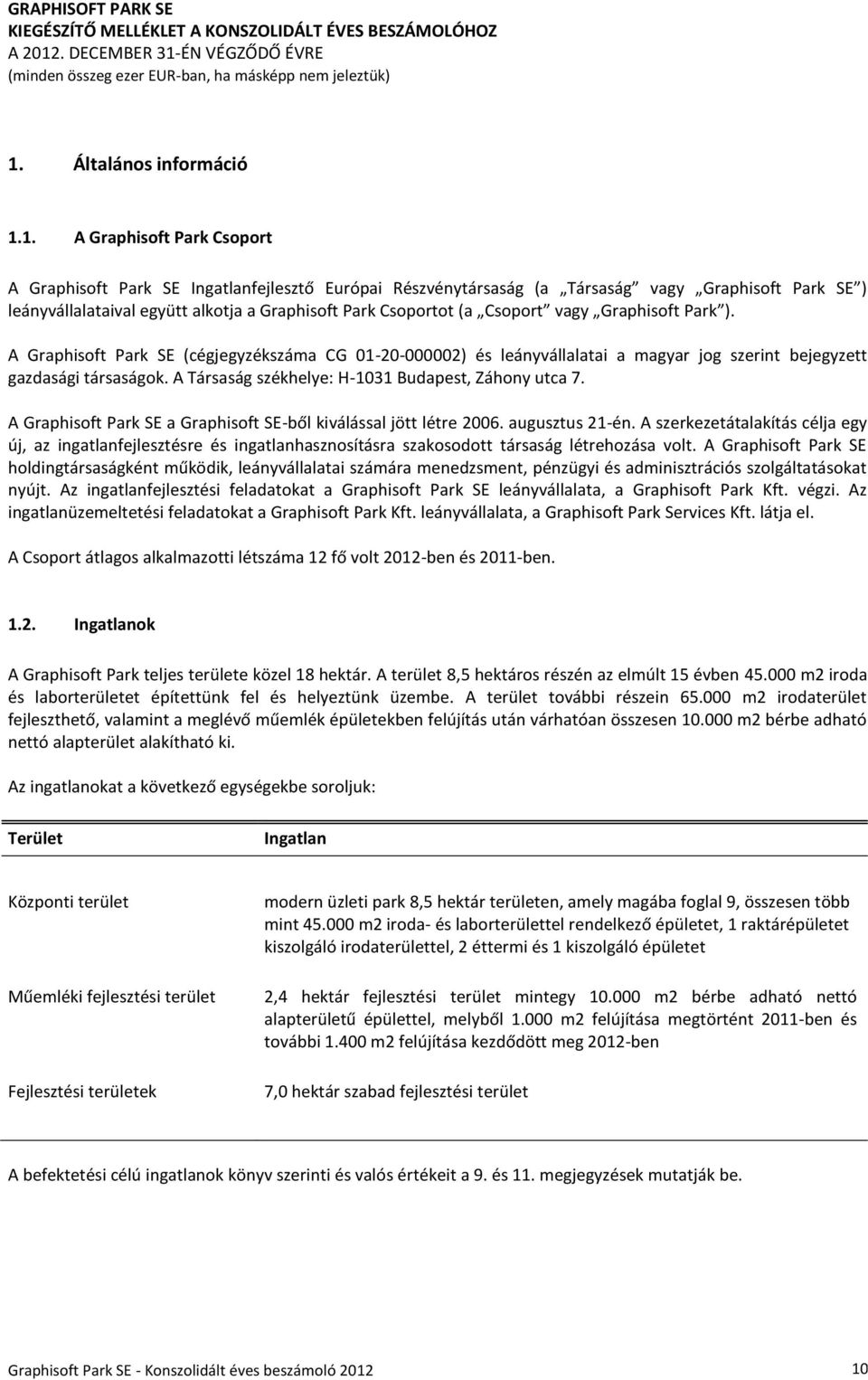 A Társaság székhelye: H-1031 Budapest, Záhony utca 7. A Graphisoft Park SE a Graphisoft SE-ből kiválással jött létre 2006. augusztus 21-én.