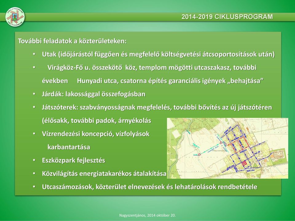 összefogásban Játszóterek: szabványosságnak megfelelés, további bővítés az új játszótéren (élősakk, további padok, árnyékolás Vízrendezési