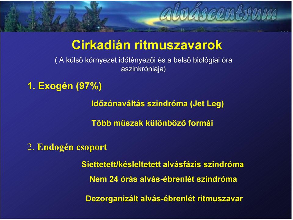 Endogén csoport Időzónaváltás szindróma (Jet Leg) Több műszak különböző formái