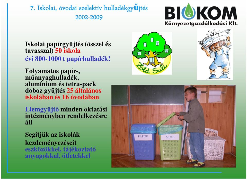 Folyamatos papír-, műanyaghulladék, alumínium és tetra-pack doboz gyűjtés 25 általános iskolában