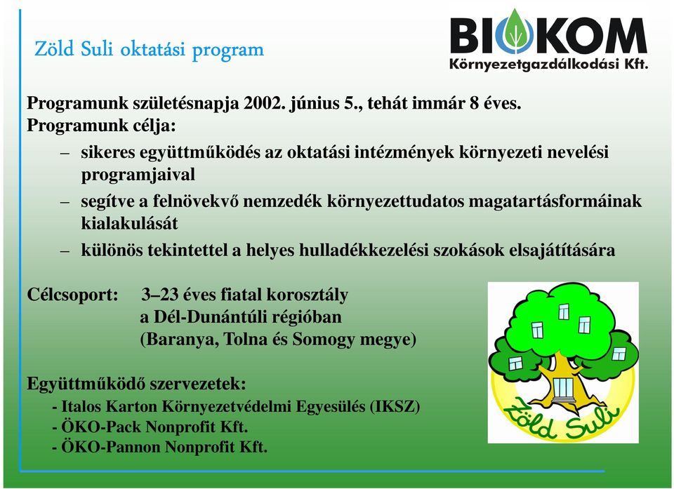 környezettudatos magatartásformáinak kialakulását különös tekintettel a helyes hulladékkezelési szokások elsajátítására Célcsoport: 3 23