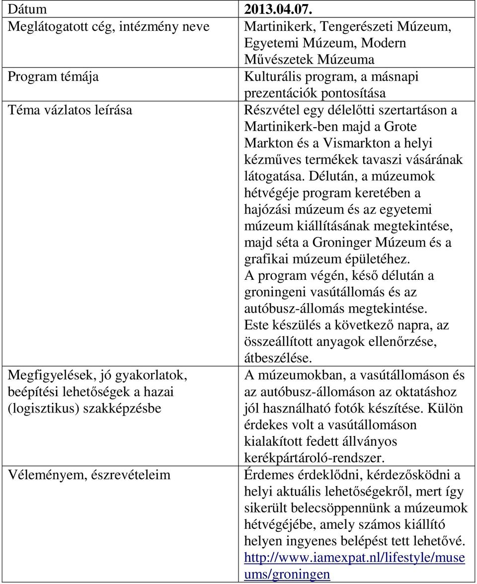 szertartáson a Martinikerk-ben majd a Grote Markton és a Vismarkton a helyi kézműves termékek tavaszi vásárának látogatása.