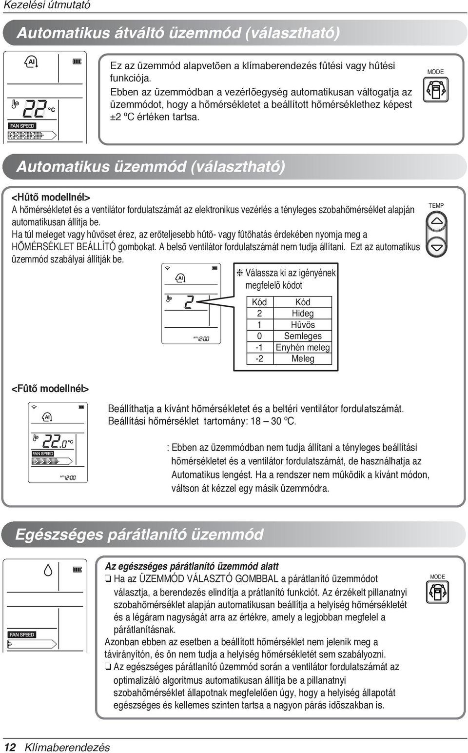 MODE Automatikus üzemmód (választható) <Hûtõ modellnél> A hõmérsékletet és a ventilátor fordulatszámát az elektronikus vezérlés a tényleges szobahõmérséklet alapján automatikusan állítja be.