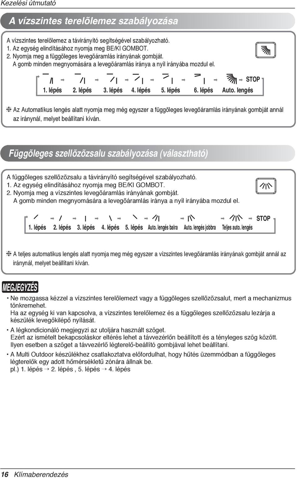 lengés Az Automatikus lengés alatt nyomja meg még egyszer a függõleges levegõáramlás irányának gombját annál az iránynál, melyet beállítani kíván. STOP 1. lépés 2. lépés 3. lépés 4. lépés 5. lépés 6.