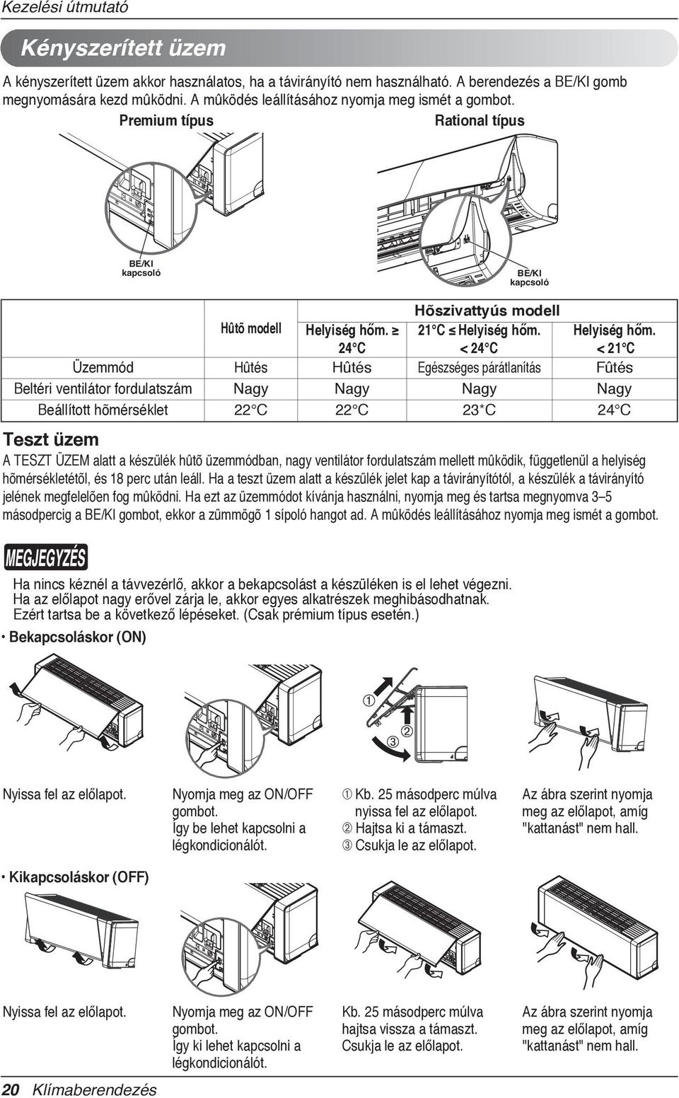 Premium típus Rational típus BE/KI kapcsoló BE/KI kapcsoló Hûtõ modell Üzemmód Beltéri ventilátor fordulatszám Beállított hõmérséklet Hûtés Nagy 22 C Helyiség hőm.