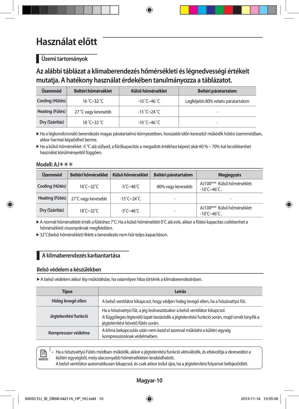 (Szárítás) 18 C~32 C -10 C~46 C - Ha a légkondicionáló berendezés magas páratartalmú környezetben, hosszabb időn keresztül működik hűtési üzemmódban, akkor harmat képződhet benne.