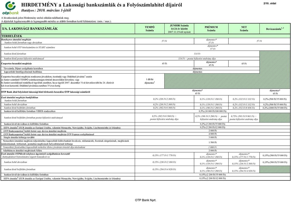 limitfigyelésének beállítása 114 Ft + postai kifizetési utalvány díja Csoportos beszedési megbízás rendszeres jövedelem, ösztöndíj vagy Diákhitel jóváírás 3 esetén a) Junior számláról TEMPÓ