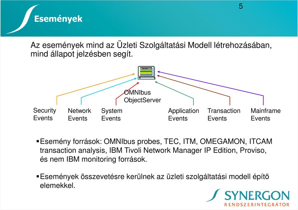 Events Esemény források: OMNIbus probes, TEC, ITM, OMEGAMON, ITCAM transaction analysis, IBM Tivoli Network Manager