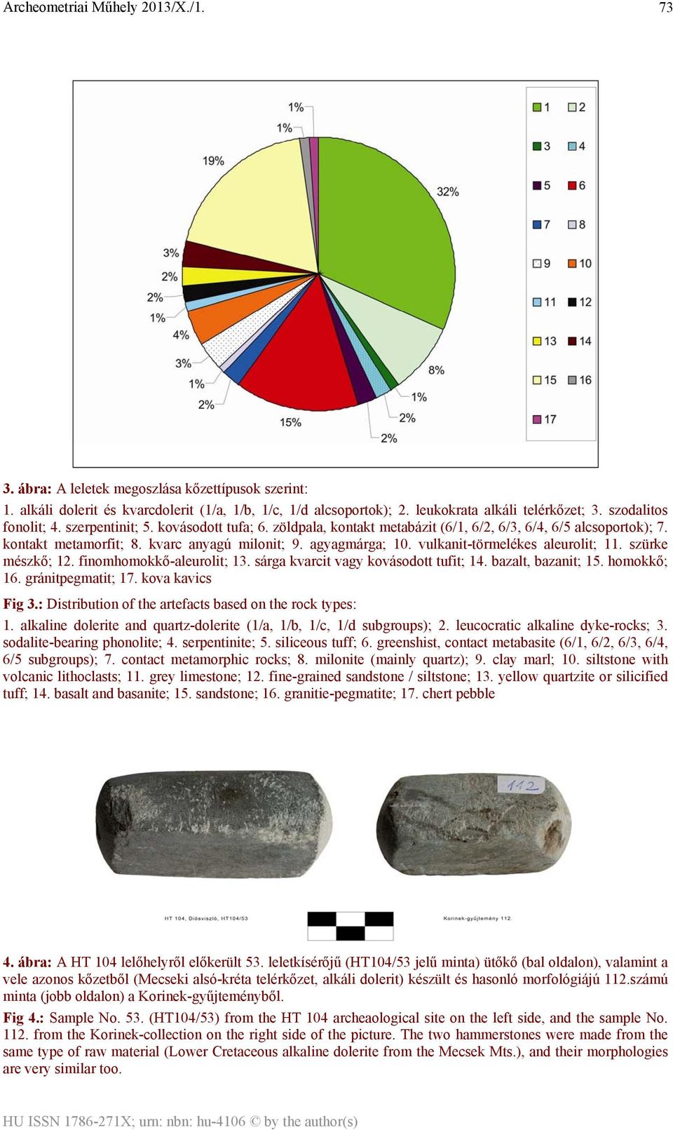 szürke mészkő; 12. finomhomokkő-aleurolit; 13. sárga kvarcit vagy kovásodott tufit; 14. bazalt, bazanit; 15. homokkő; 16. gránitpegmatit; 17. kova kavics Fig 3.