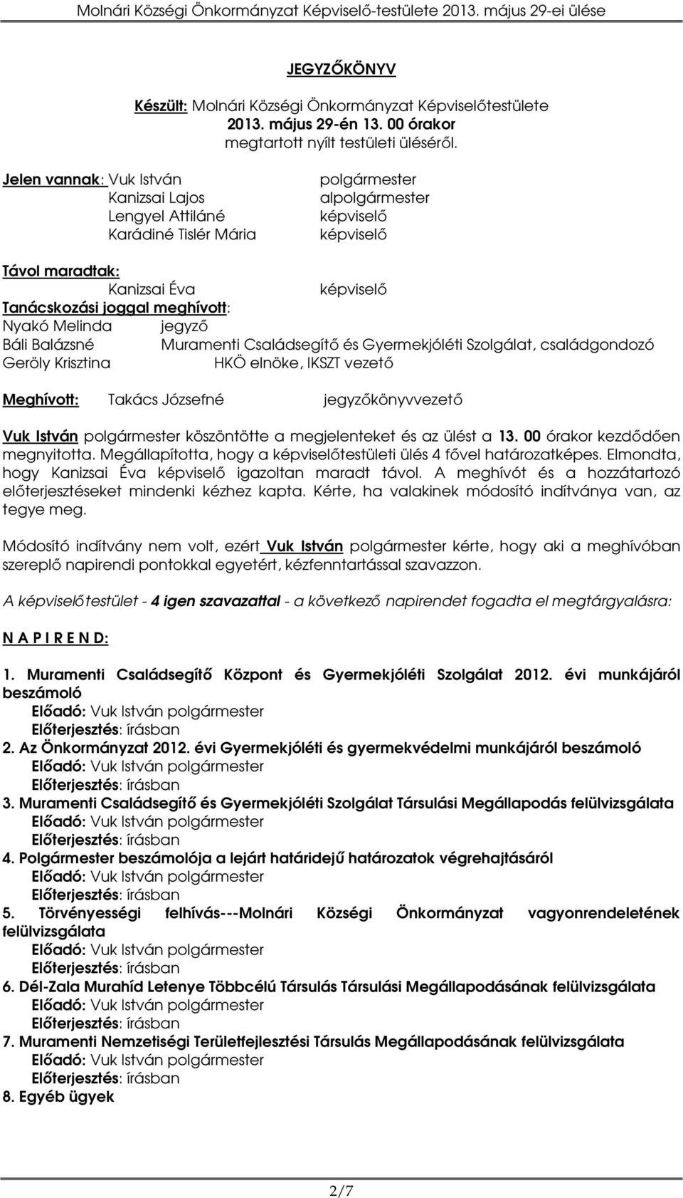 Nyakó Melinda jegyző Báli Balázsné Muramenti Családsegítő és Gyermekjóléti Szolgálat, családgondozó Geröly Krisztina HKÖ elnöke, IKSZT vezető Meghívott: Takács Józsefné jegyzőkönyvvezető Vuk István
