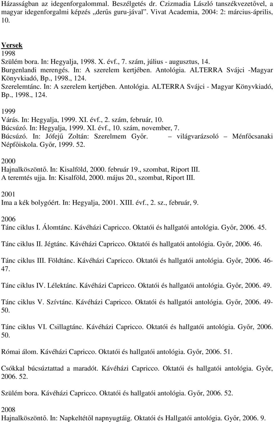 Szerelemtánc. In: A szerelem kertjében. Antológia. ALTERRA Svájci - Magyar Könyvkiadó, Bp., 1998., 124. 1999 Várás. In: Hegyalja, 1999. XI. évf., 2. szám, február, 10. Búcsúzó. In: Hegyalja, 1999. XI. évf., 10. szám, november, 7.