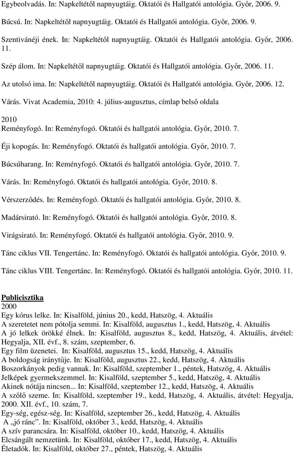 In: Napkeltétől napnyugtáig. Oktatói és Hallgatói antológia. Győr, 2006. 12. Várás. Vivat Academia, 2010: 4. július-augusztus, címlap belső oldala 2010 Reményfogó. In: Reményfogó.