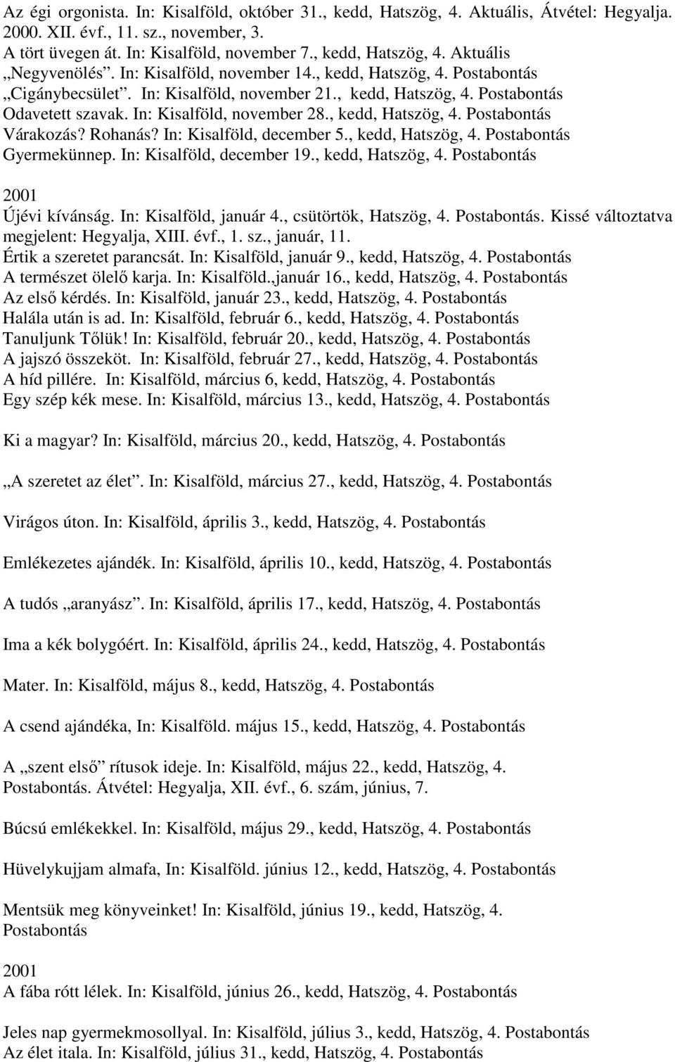 Rohanás? In: Kisalföld, december 5., kedd, Hatszög, 4. Postabontás Gyermekünnep. In: Kisalföld, december 19., kedd, Hatszög, 4. Postabontás 2001 Újévi kívánság. In: Kisalföld, január 4.
